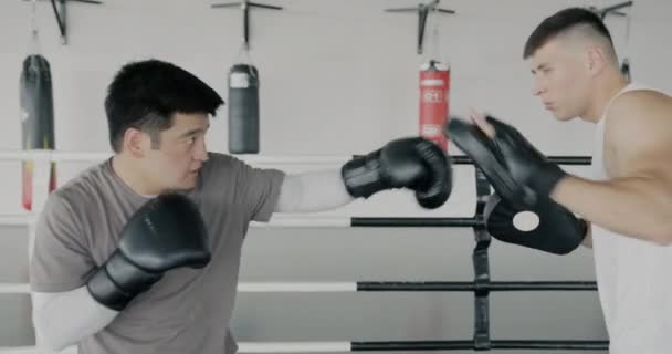 男子拳击手在体操馆运动时动作缓慢 投篮训练令人愉快 武术与现代体育中心的概念 — 图库视频影像