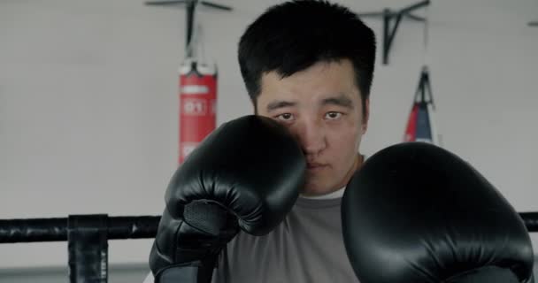 年轻的亚洲男子拳击手头戴手套站在角落里 准备在镜头前战斗 动作缓慢 体育和武术概念 — 图库视频影像