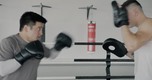 亚洲运动员与教练白种人男子拳击的慢动作训练主要集中在体育馆的拳击上 积极的生活方式和武术概念 — 图库视频影像