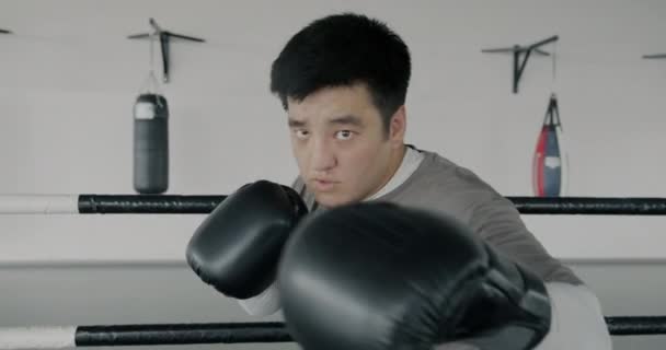 Zpomalený Film Portrét Mladého Asijského Boxera Stíny Bojující Házet Údery — Stock video