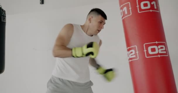 Retrato Cámara Lenta Del Entrenamiento Hombre Luchador Muscular Con Saco — Vídeos de Stock