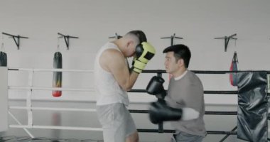 Kafkas ve Asyalı boks antrenmanı yapan genç erkeklerin yavaş çekimde spor salonunda yumruk atmaları. İnsanlar ve dövüş sanatları konsepti.
