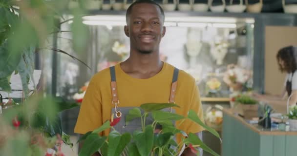 Porträt Eines Afroamerikanischen Blumenhändlers Der Einem Blumenladen Steht Und Grüne — Stockvideo