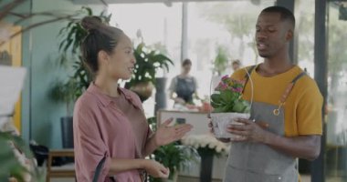 Mağaza görevlisi kadın müşteriyle konuşuyor. Modern çiçekçide esrar bitkisini tartışıyorlar. İş iletişimi ve çiçekçilik kavramı.