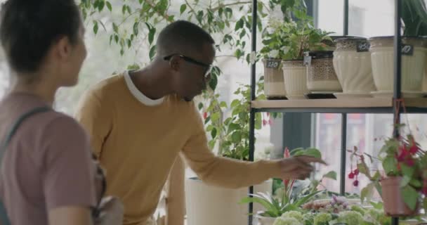 Afroamerykanin Wybierający Rośliny Domowe Kwiaciarni Rozmawiający Sprzedawczynią Patrzącą Półki Koncepcja — Wideo stockowe