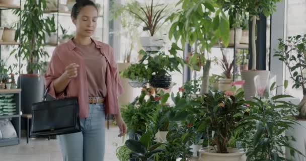 喜びの女性の花屋クライアントは 商品を見ている緑色の植物を混ぜるために来ます 顧客の概念のための花屋のビジネスそして小売り — ストック動画
