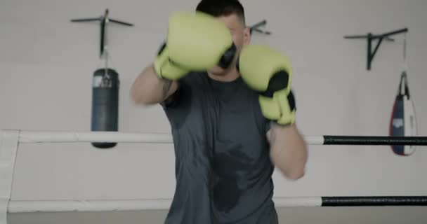 Retrato Cámara Lenta Jóvenes Boxeadores Entrenados Solos Luchando Contra Sombras — Vídeos de Stock