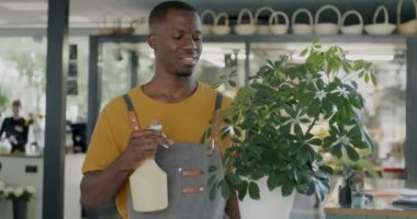 Önlüklü genç Afrikalı Amerikalı çiçekçi dükkanda yeşil ot bitkisi püskürtüyor. Çiçekçilik ve işgal konsepti.