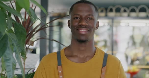 Πορτρέτο Του Εργαζόμενου Ανθοπωλείου Αφροαμερικανός Στέκεται Εσωτερικούς Χώρους Στο Κατάστημα — Αρχείο Βίντεο