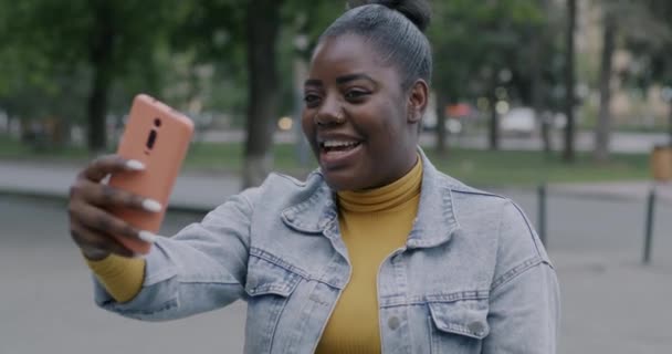 Zadowolona Afroamerykanka Wykonująca Połączenie Wideo Online Uśmiechnięta Raduje Się Rozmawiając — Wideo stockowe