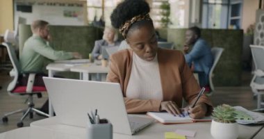 Ciddi bir Afro-Amerikalı kadın deftere yazı yazıyor ve ofisteki masadaki dizüstü bilgisayarlara bakıyor. Bilgi araştırması ve işyeri kavramı.