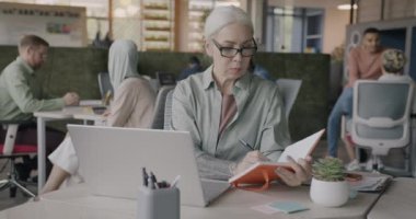 Not defterine bilgi yazan ve ortak ofiste dizüstü bilgisayarla çalışan olgun bir iş kadını. Başlangıç planlama ve yönetim kavramı.