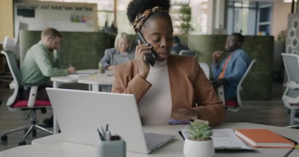 Zmotywowana Afro Amerykańska Bizneswoman Rozmawiająca Przez Telefon Komórkowy Czytająca Dokumenty — Wideo stockowe