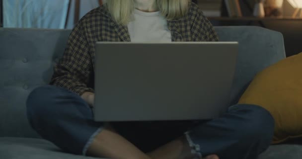 Portret Pięknej Młodej Kobiety Freelancer Pracującej Laptopem Kanapie Domu Nocy — Wideo stockowe