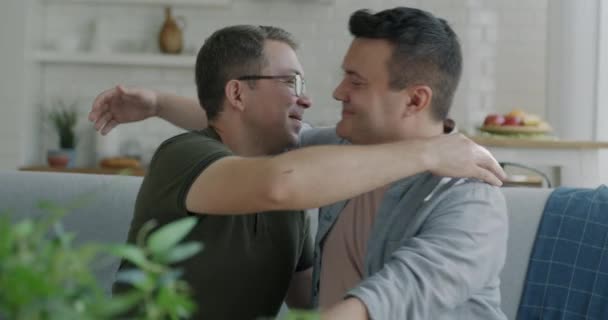 Loving Gay Couple Looking Each Other Hugging Expressing Feelings Cozy — Stock Video