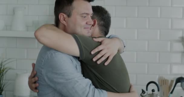 Adorable Gay Couple Two Handsome Men Hugging Expressing Love Home — Stock Video