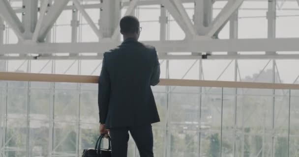 Vue Arrière Homme Affaires Costume Debout Aéroport Contre Une Fenêtre — Video