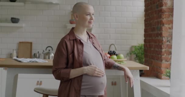 キッチンに立っている若い妊婦のゆっくりとした動きの肖像画は 自宅でカメラを見ながら笑顔で触れています 妊娠とアパートのコンセプト — ストック動画