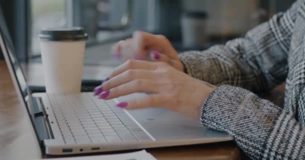 Close Mãos Femininas Digitando Com Computador Portátil Enquanto Mulher Negócios — Vídeo de Stock