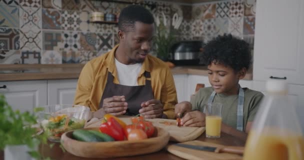 Schattig Kind Koken Groentesalade Helpen Vader Het Maken Van Smakelijke — Stockvideo