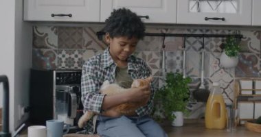 Mutlu Afro-Amerikan çocuk kedi yavrusunu okşuyor mutfak masasında oturmuş evcil hayvana olan sevgisini ifade ediyor. Çocukluk ve evcil hayvan kavramı.