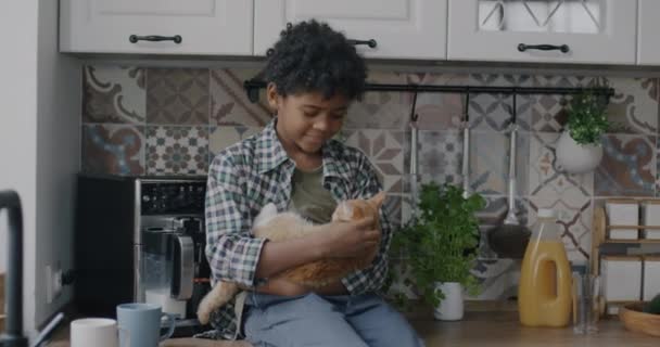 Feliz Chico Afroamericano Acariciando Gatito Sentado Mesa Cocina Expresando Amor — Vídeos de Stock