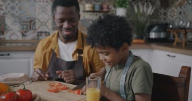 Küçük yardımsever çocuğun salata pişirmesi sebze yemeği yapması ve evde babasıyla konuşması. Çocukluk ve aile hayatı kavramı.