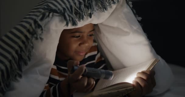 Adorable Child Reading Book Holding Flashlight Lying Bed Blanket Enjoying — Stock Video