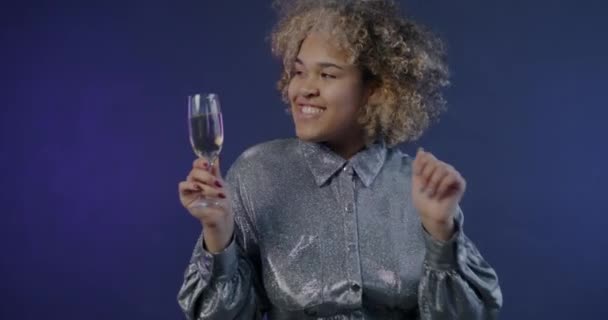 Happy African American Lady Holding Glass Champagne Dancing Celebrating Special — Stock Video