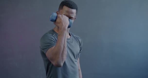 Porträtt Muskulös Afroamerikansk Man Trainign Med Hantlar Koncentrerade Tyngdlyftning Lila — Stockvideo