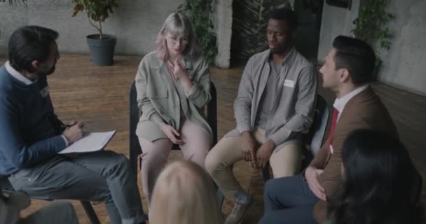 Stressed Young Woman Sharing Grief Group Getting Support Community Therapy — Stock Video