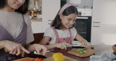 Mutlu aile anne ve kızı lezzetli sebze salatası hazırlıyor birlikte yemek pişiriyorlar mutfakta konuşuyorlar. Annelik ve çocukluk kavramı.
