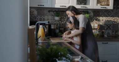 Anne ve kızı salata pişiriyor sebze doğruyor evde birlikte sağlıklı yemekler hazırlıyorlar. Aile yaşam tarzı ve yemek konsepti.