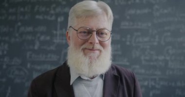 Sınıfta kameraya bakarak duran lise son sınıf profesörünün yavaş çekim portresi. Eğitim ve bilim konsepti.