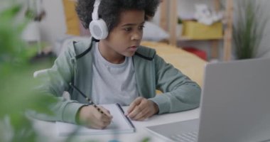 Afrikalı Amerikalı bir çocuk online okulda okuyor. Evde dizüstü bilgisayar ve kulaklık kullanarak öğretmeniyle sanal toplantı yapıyor. Çocukluk ve evde eğitim kavramı.