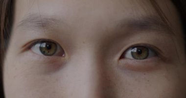 Kahverengi gözlü, kameraya bakan güzel bir kadının yavaş çekimde çekilmiş portresi. Duygusuz genç Asyalı kadın..