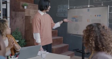 Asyalı işadamı çeşitli meslektaşlarına sunum yapıyor. Ofisteki elektronik kurulda verileri gösteriyorlar. İş ve işyeri kavramı.