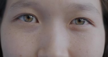 Genç Asyalı kadınların pozitif duygularla kameraya bakışlarının yavaş çekim portresi. Yüz ifadesi ve görme konsepti.