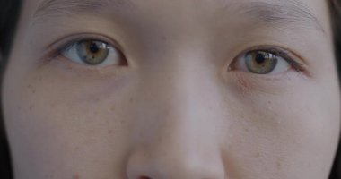 Kameraya göz kırpan genç Asyalı kızların yavaş çekimde çekilmiş portresi. Yüz ifadesi ve insani duygu kavramı.