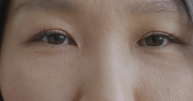 Genç Asyalı kadınların gözleri, duygusuzca yanıp sönen kameraya bakıyor. İnsan vücudu ve vizyon kavramı.