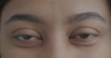 Çift ırklı kadınların mutlu bir ifadeyle kameraya bakışlarının yavaş çekim portresi. Pozitif duygu ve insanların kavramı.