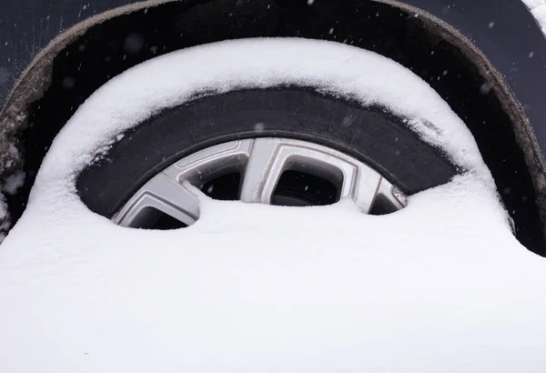 Tekerlek Karla Kaplı Ağır Kar Yağışı Konsepti Kış Mevsimi - Stok İmaj