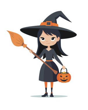 Elinde balkabağı sepeti ve süpürgesi olan sevimli bir cadı. Beyaz arkaplanda izole edilmiş vektör illüstrasyonu.