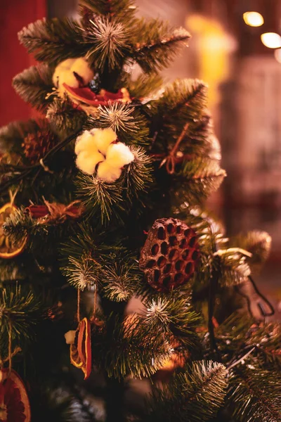 Çevre Dostu Organik Dekorlu Fidan Dalı Noel Arka Planında Parıltılı — Stok fotoğraf