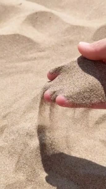 Unrecognizable Woman Grabs Handful Dry Sand Runs Her Fingers Young — Stock Video