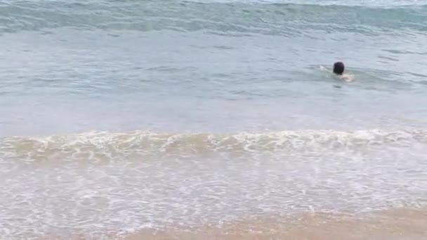 Красивий Довгошерстий Підліток Плаває Морі Спекотний Літній День Дружня Концепція — стокове відео