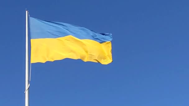 Movimiento Lento Bandera Azul Amarilla Ucraniana Ondeando Cielo Azul Fondo — Vídeos de Stock