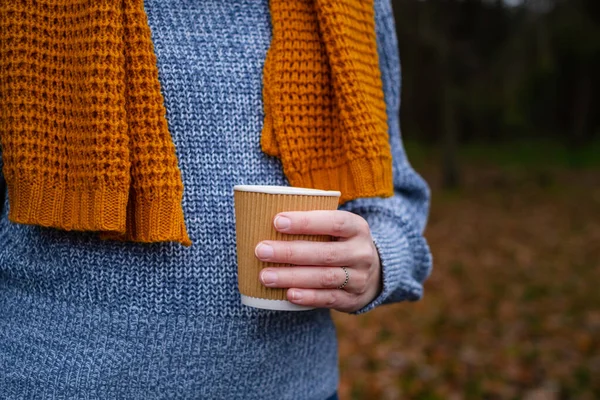 Hot drink in a paper cup in hands on a forest background