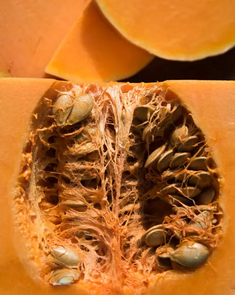 Half Fresh Pumpkin Slices Pumpkin Table Background — Stock Photo, Image