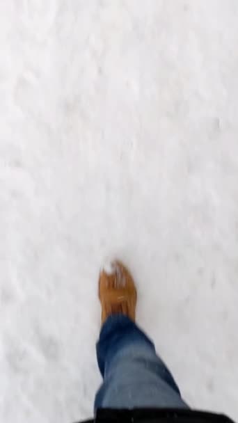 Die Beigen Stiefel Der Frau Gehen Auf Schnee Einem Frostigen — Stockvideo